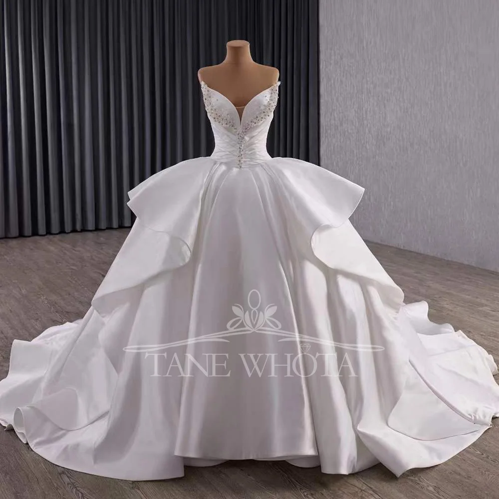 Charming Vestido Novias Sweetheart Sleeveless Lace Up Back Beading Crystal Ruched Wedding Dress