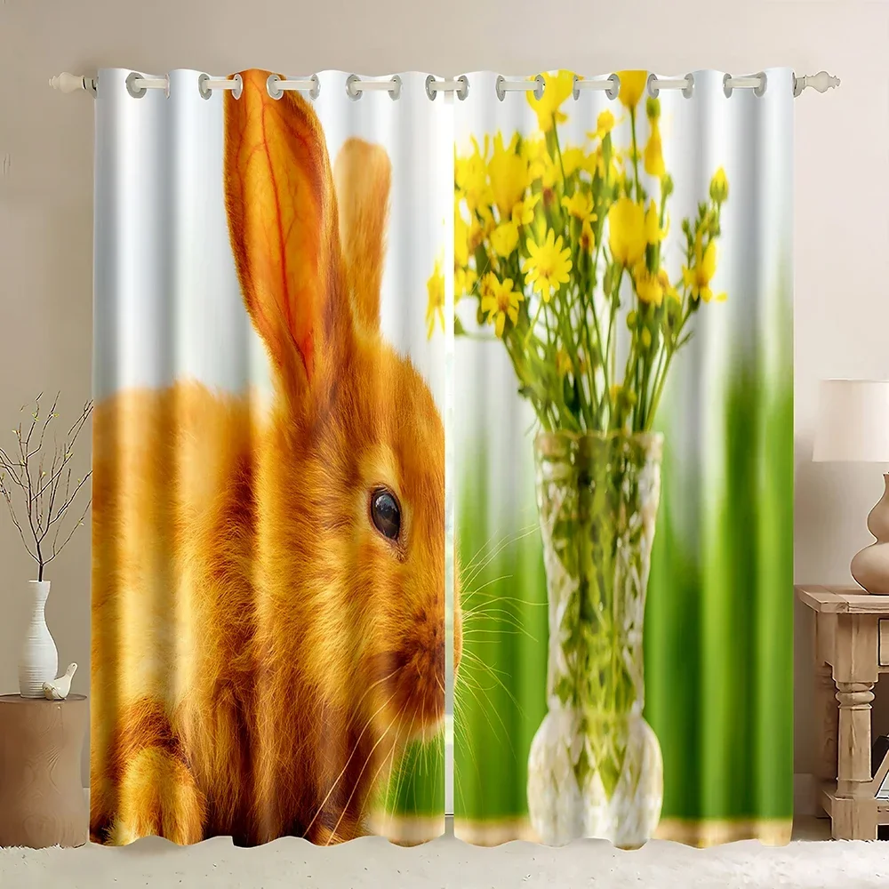 3D Animal Rabbit Print Window Curtains,Orange Bunny With Pink Flowers On The Table,Wildlife Themed Pink White Blackout Curtains