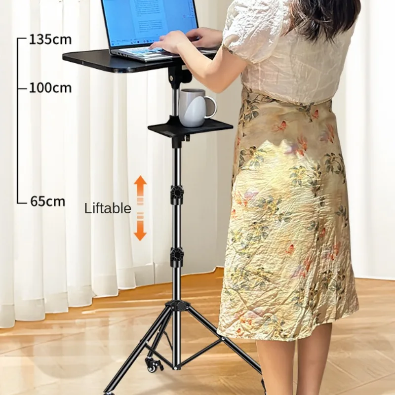 Liftable Laptop Tripod Stand, Foldable Laptop Desk on Wheels with Tray Cup Holder, Portable Projector Floor Stand Workstation