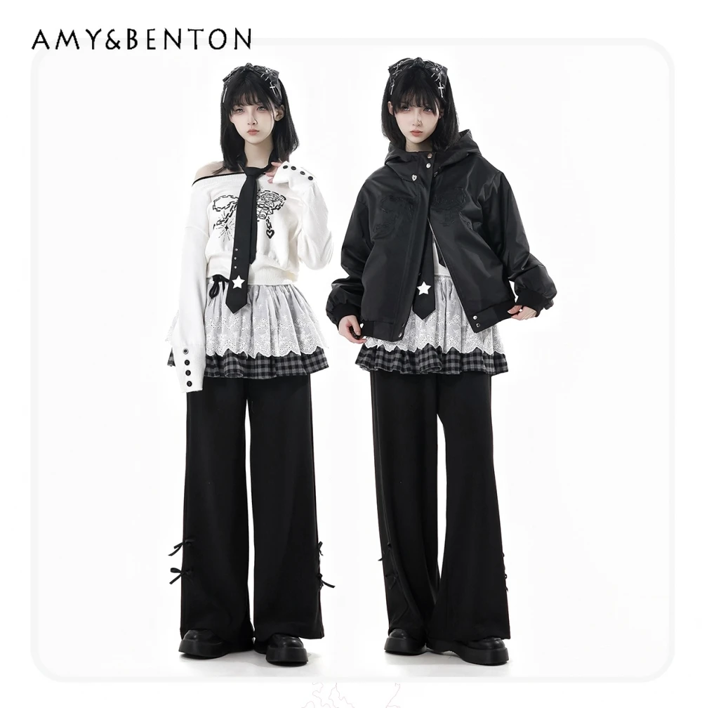 

Стиль Харадзюку, милая крутая куртка с вышивкой в стиле ретро для девочек, мягкий свитер с открытыми плечами, прямые брюки, наряды, осень-зима, новинка