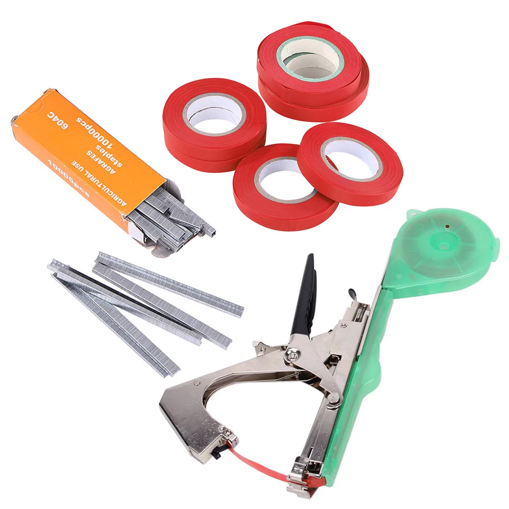 Tying Machine Garden Plant Tapetool Tapener with 6 Roll Tape +1 Box Staples Hand Tying Binding Machine for Vegetable Pepper Vine