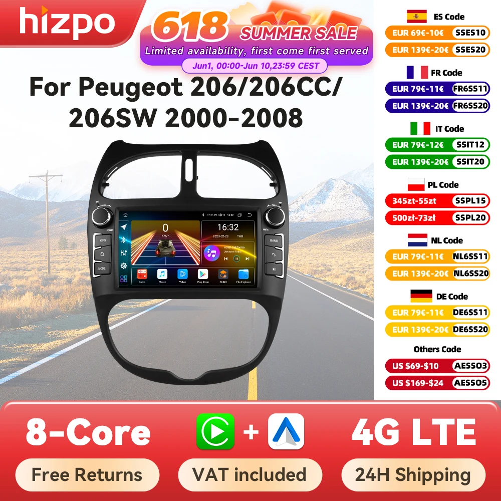 Hizpo 7 "autoradio Android pour Peugeot 206 206CC 206SW 2000-2008 lecteur multimédia Carplay 2Din stéréo Autoradio Navigation GPS