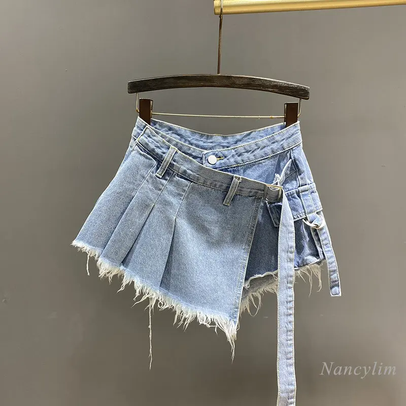 Minissaia jeans irregular feminina, cintura alta, emagrecedora, falsa de duas peças, roupa de trabalho linha A, curta, rosa, verão, 2024