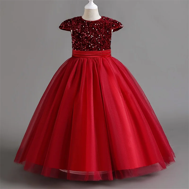 Girls Red Christmas Party Dress Sequins Wedding Princess Dress Girl Bridesmaid Long Dress Children Ceremony Event Gowns 5-14 Yrs