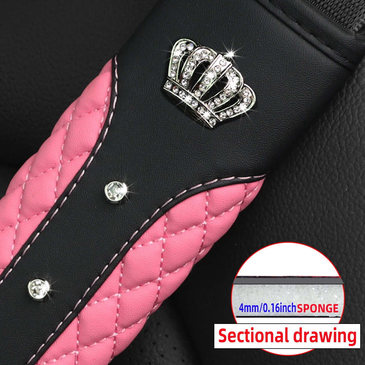 1. inkrustowana diamentami Blingbling metalowa korona ze sztucznej skóry owczej materiały samochodowe pas bezpieczeństwa pasek na ramię wygodny pas bezpieczeństwa — zdjęcie 3