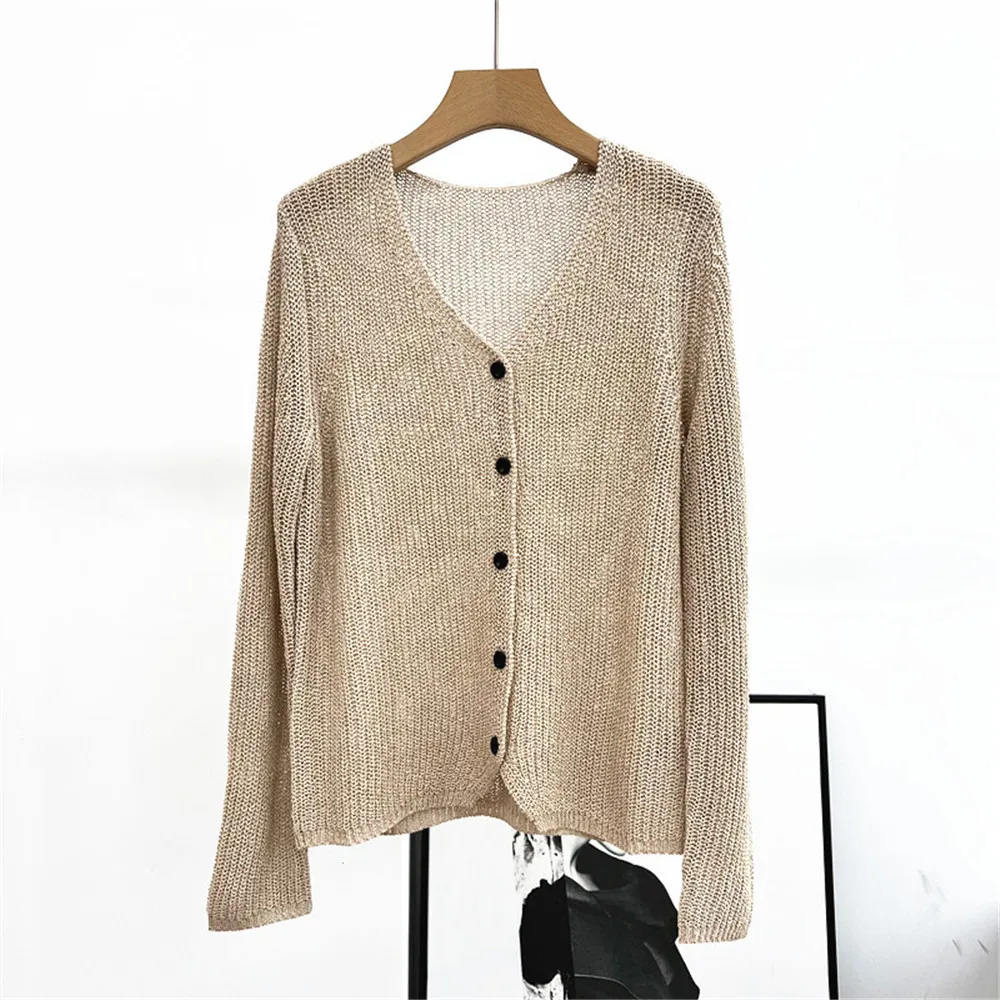 

25 Autumn New Women's Cardigan V-neck Long Sleeved Single Breasted nollow knit Sweater Top