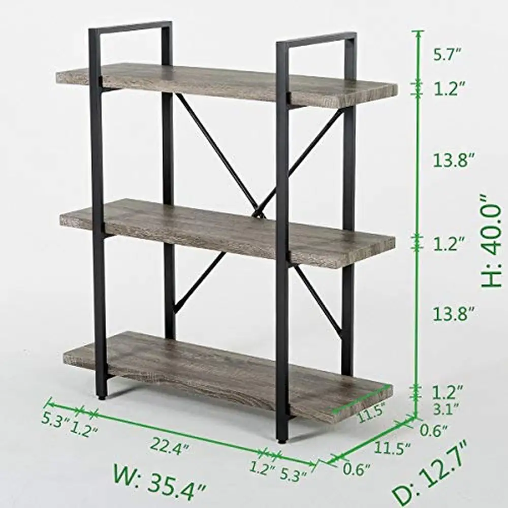 Vintage Industriële 3-Shelf Boekenkast Display Toren Stevige Rustieke Grijze Boekenplank Gelaagde Planken Houten Metalen Thuis Kantoor Wonen