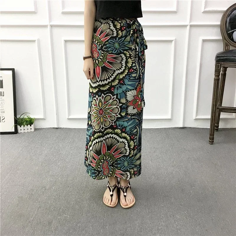Women's Summer Floral Maxi Skirt Cotton High Waist Wrap Boho Beach Skirt with Side Slit & Tie Detail Long Dress 2026 Woman