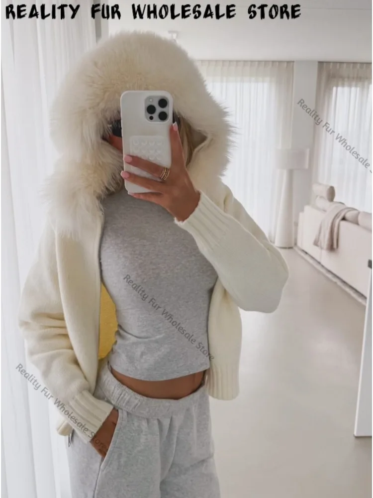 Women's Elegant Fur Trim Sweater Warm Winter Knit Cardigan Women's Jumper Coat Natural Fur Fluffy Soft Knitwear Oversized