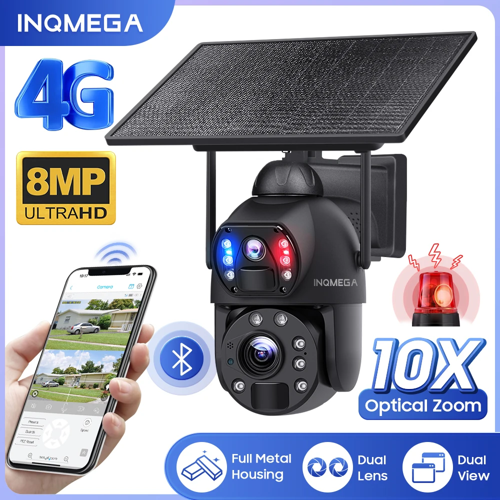 

INQMEGA 4K 8M Solar Camera Wifi/4G SIM Solar Battery PTZ Camera Full Metal 10X Optical Zoom Dual View Cam Human Detection IP67