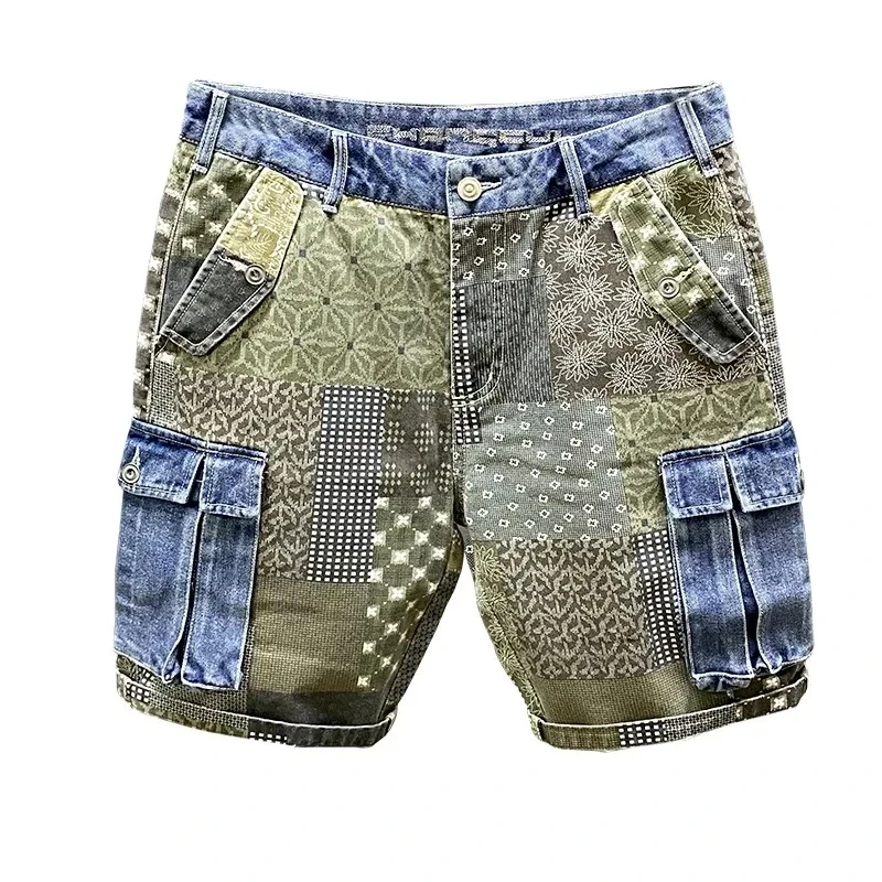 Summer New Cargo Denim Shorts Men\'s Irregular Splicing Printed Personality Tide Five Points Flower Pants Streetwear Jeans Hombre