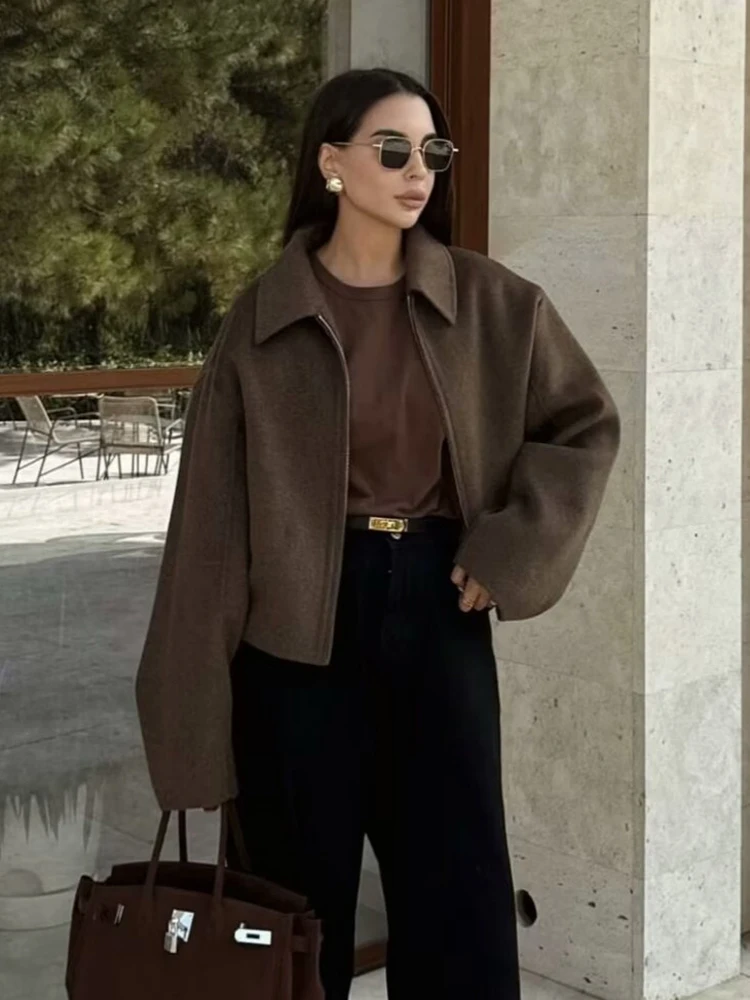 

New Winter Woman's Short Coat,Zipper Coats,Long Sleeve Coats,Cropped Coats,Casual Coats,Wool Coats,Turn-Down Collar Coats