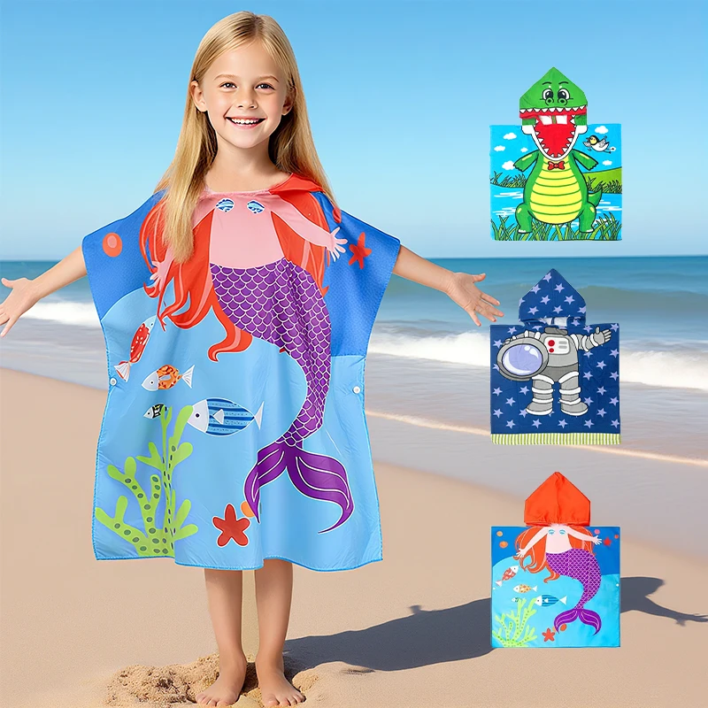 1 Children's Beach Towel, Cartoon Beach Cape with Hat, Soft and Absorbent, Suitable for Family, Shower, Swimming and Beach