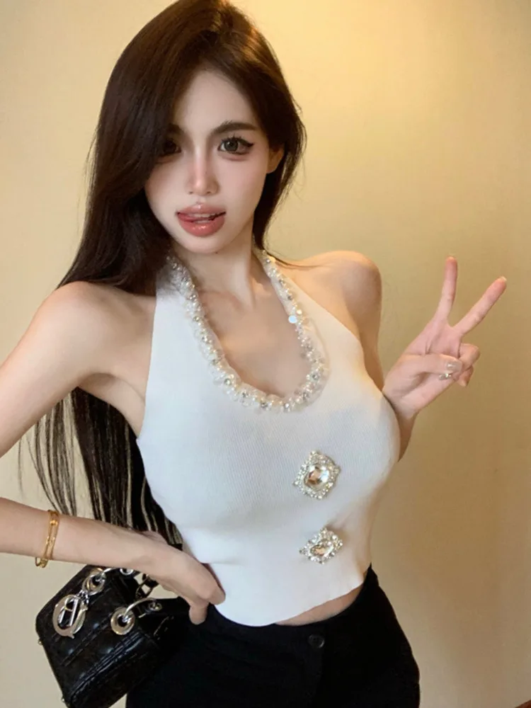 French Luxury Diamond Buttons Women Summer V-neck Sleeveless Hotsweet Crop Top Korean Fashion Fried Street Ladies Tank Tops