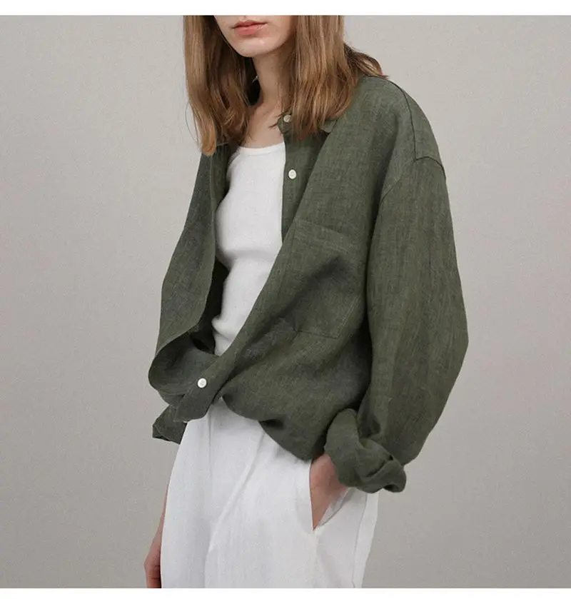 Casual 100% Linen Women Shirt Oversized  Turn Down Collar Long Sleeve Elegant And Vintage Women\'S Blouses Blusa Feminina