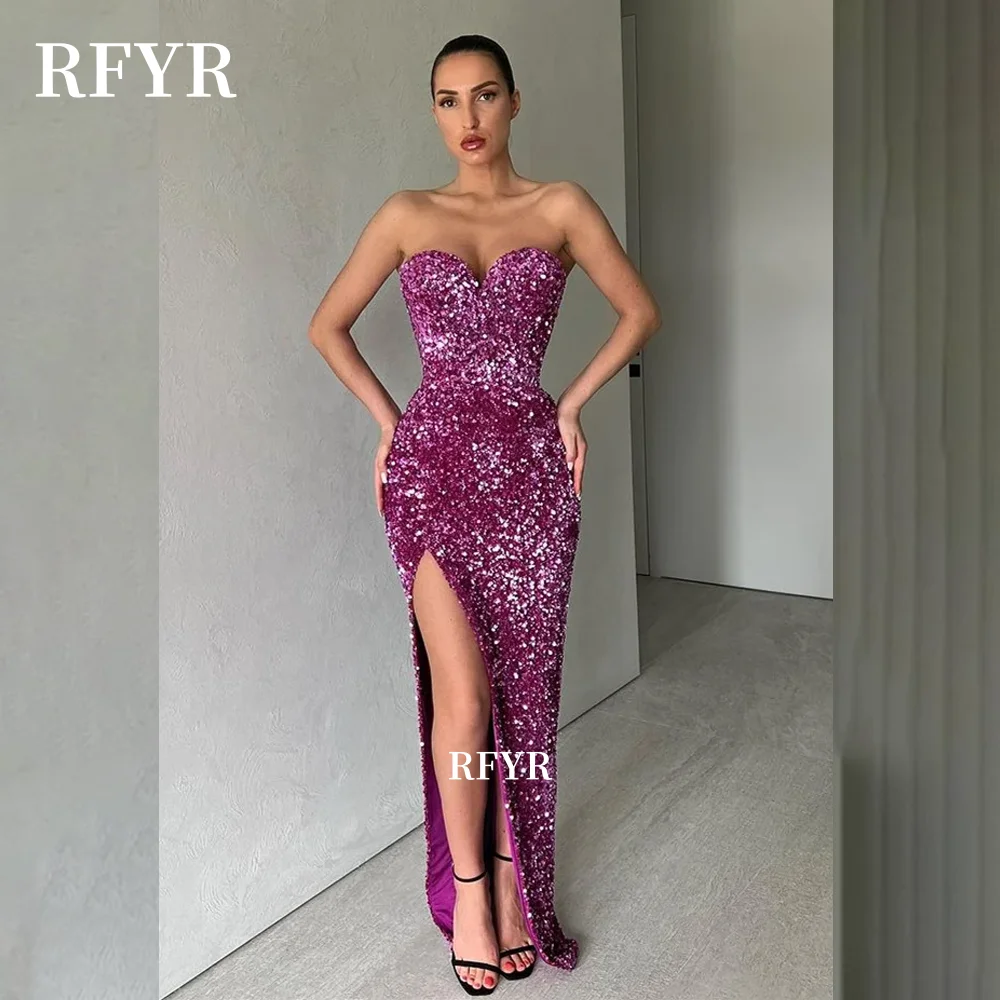 

RFYR Sequins Formal Evening Dress Mermaid Party Dress for Women with High Slit Strapless Princess فساتين مناسبة رسمية Customized