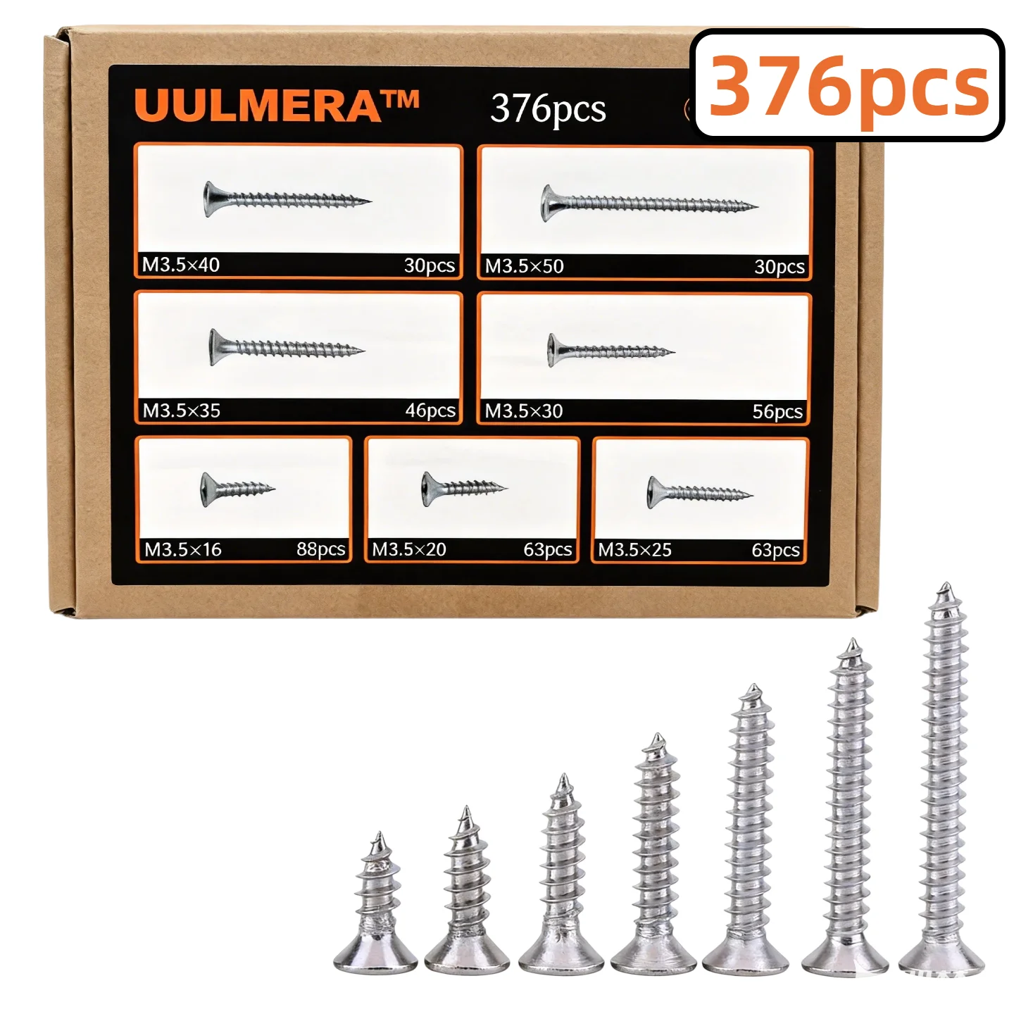 376PCS Zinc-Plated Carbon Steel Cross-Head Self-Tapping Wood Screws Set, 7 Sizes: M3.5×16 - M3.5×50 Cross Screws