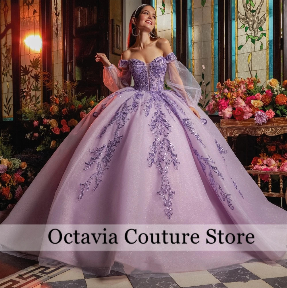 

Purple Sequin Quinceanera Dresses Ball Gown Bead Birthday Dress Luxury 2024 Off The Shoulder Formal Gown Sweet 16 Customized