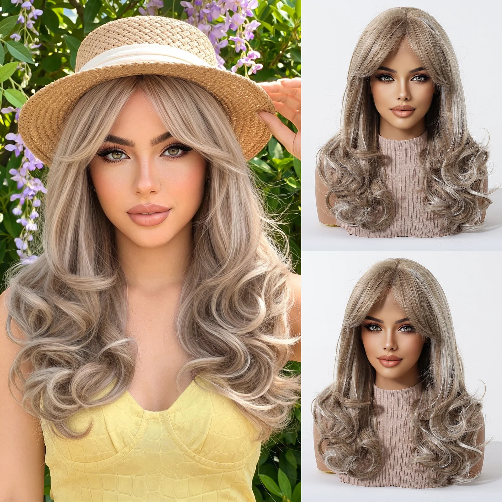 ALAN EATON Medium Wavy Platinum Ash Blonde Wig with Bangs for Women Fashionable and Versatile Synthetic Hair Heat Resistant