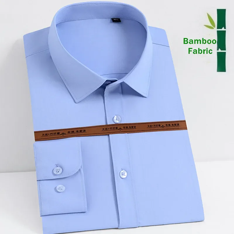 Fashion Blue Black White Mens Dress Shirts For Man Long Sleeved Shirt Classic Solid Bamboo Fabric Male Social Office Work Shirts