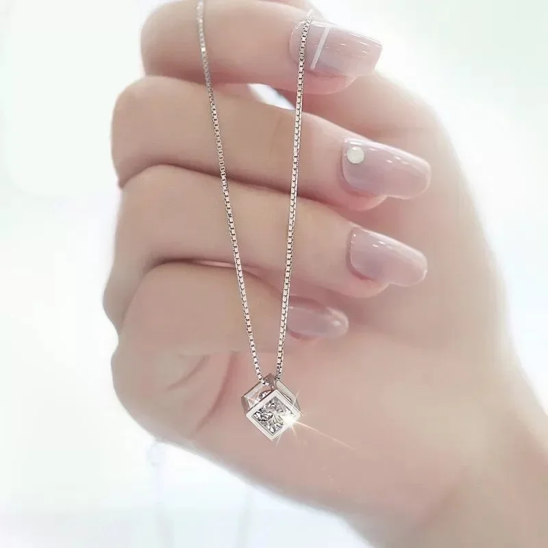 New Fashion Square Geometric Pendant Necklaces Shiny Crystal CZ Stone Inlaid Box Chain Choker Neck Accessories Jewelry Gifts