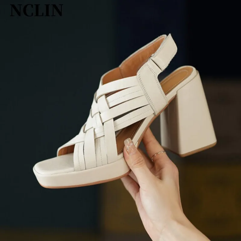 New Genuine Leather Women Sandals Chunky Heel Buckle Strap Platform Sandals Pumps For Women Summer Casual GLADIATOR Women Shoes