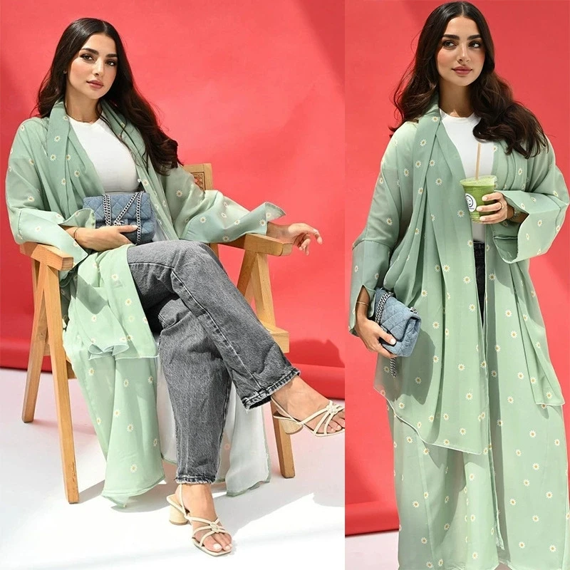 

Saudi Arabia Ramadan Morocco Muslim Fashion Gown Moderst Printed Cardigan Loose Long Sleeve Long Türkiye New Dress
