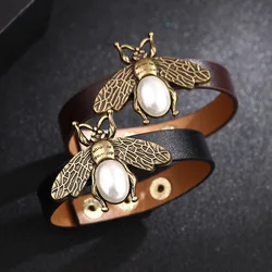 Kpop-Pulseras de cuero de abeja para mujer, brazalete Retro de cuero con cuentas de perlas, pulsera envolvente negra, pulsera con botón a presión, joyería para niña, regalo