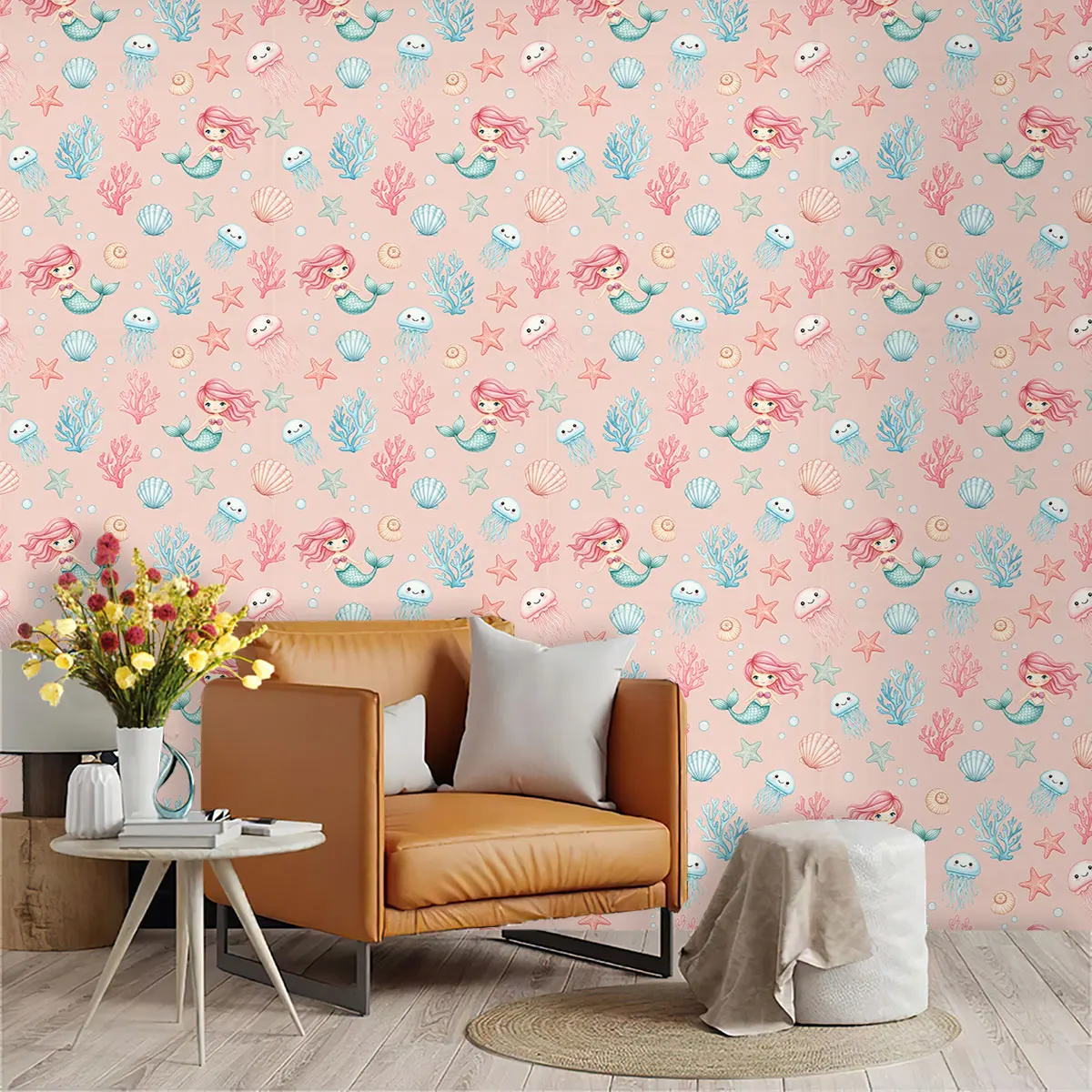 1PC Pink Underwater Mermaid Coral Shell Wall Sticker PVC Flat Cyclic Wallpaper for Living Room and Bedroom Wall Decoration