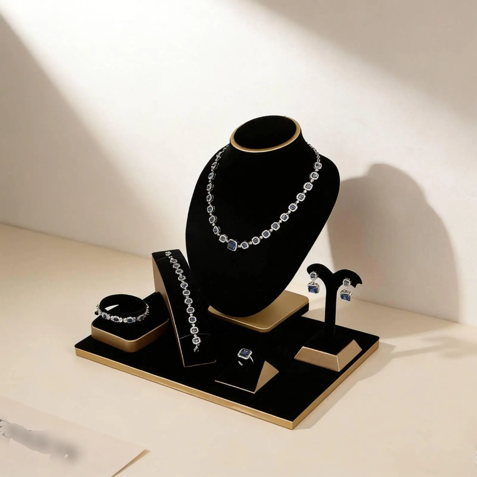 Velvet Jewelry Display Stand Black Gold Trim Organizer for Exhibiting Necklaces Bracelets Earrings in Shops