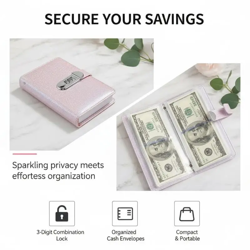 Light-up Combination-lock Savings Notebook; Holds 100 Bills; Suitable For Saving Money; Made Of PU Material.