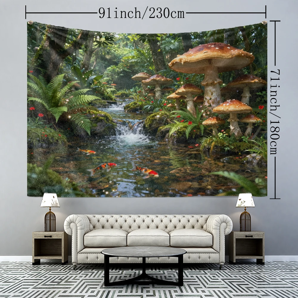 2D printed tapestry of river mushrooms, machine washable, suitable for wall decoration in bedrooms, study rooms, and living room