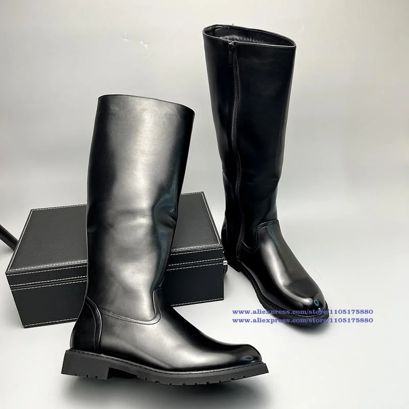 Black Leather Motorcycle Men's Boots Side Zipper Round Toe Waterproof Ankle Booties Trendy Outdoor Men's Shoes Botas Mujer