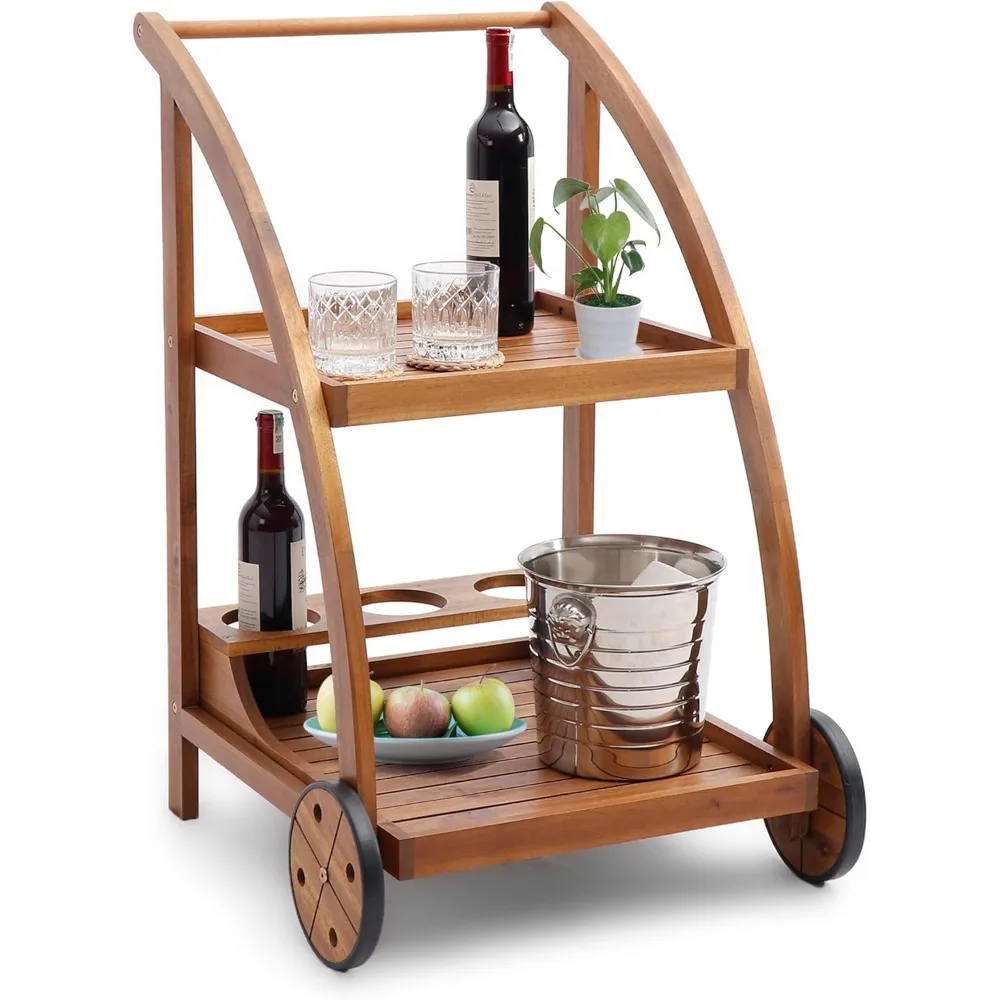 

Acacia Wood Bar Cart - Rolling Kitchen, Coffee & Drink Cart with 3 Cup Holders, Waterproof Wooden Design for Patio, Balcony, Bat