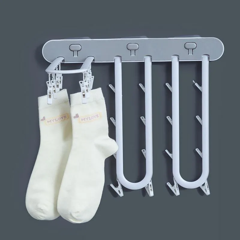 Multifunctional Folding Rotary Drying Rack One Button Press And Nail-free Paste Multi-clip Socks Underwear Laundry Cloth Storage