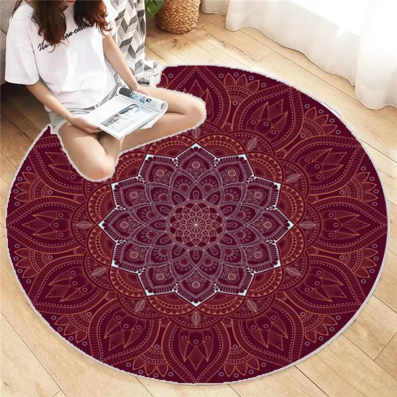 Ethnic Medallion Round Carpet Intricate Symmetric Bloom in Crimson Earth Tones Rug Handcrafted Floor Mat for Fusion Interiors