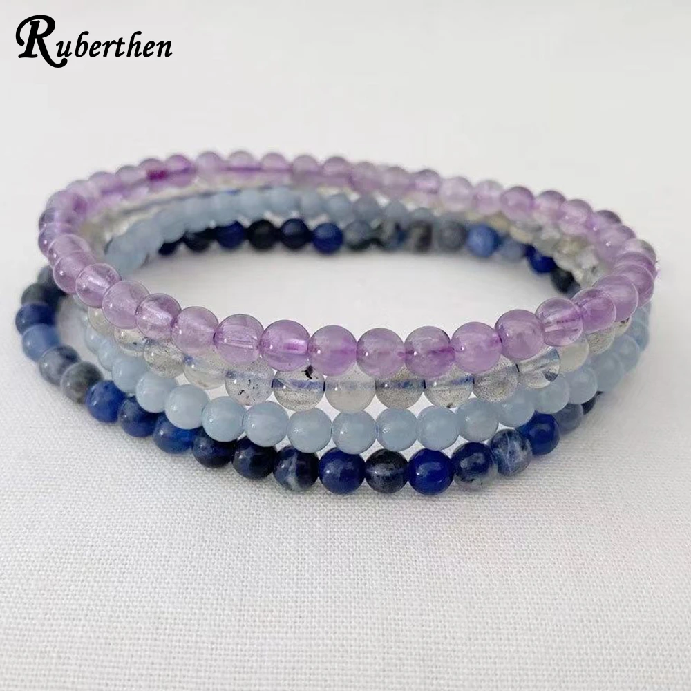 Ruberthen 4 MM Amethyst Blue Sodalite Anglite Stone Labradorite Bracelet Womens Pisces Zodiac Mini Gemstone Bracelet Set