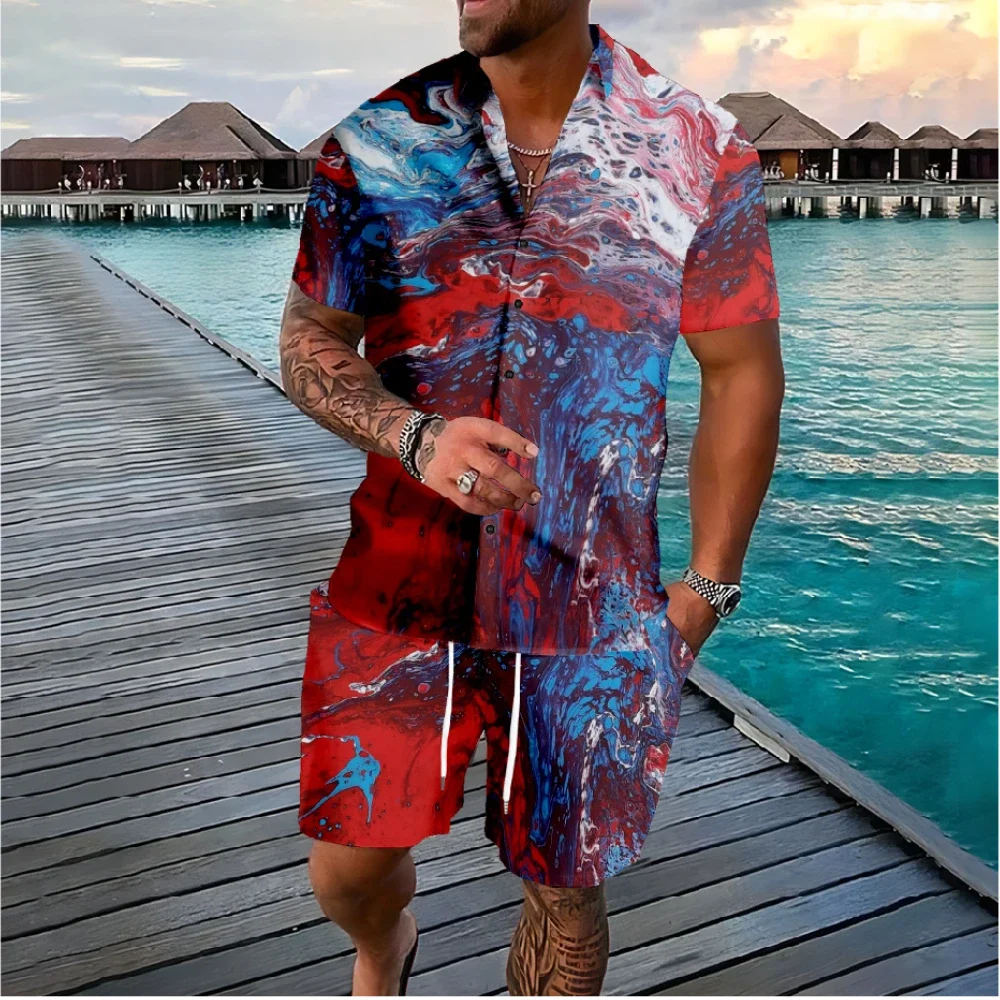 Fluid Art 3D Print Men Shirt Sets Fashion Short Sleeve Shirt Oversized Casual Beach Shorts Streetwear Hawaiian Suits Clothes