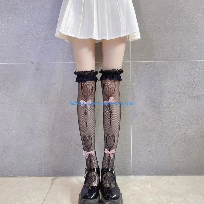 

573B Women Lace Over Knee Long Socks Preppy Heart Lollipop Jacquard Sweet Bowkont Ruffled Lace High