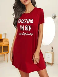 Letter  Print Red Nightdress Short Sleeve Round Neck Loose Fit  Sleep Dress  Women's Sleepwear & Dresses Pajamas Loungewear