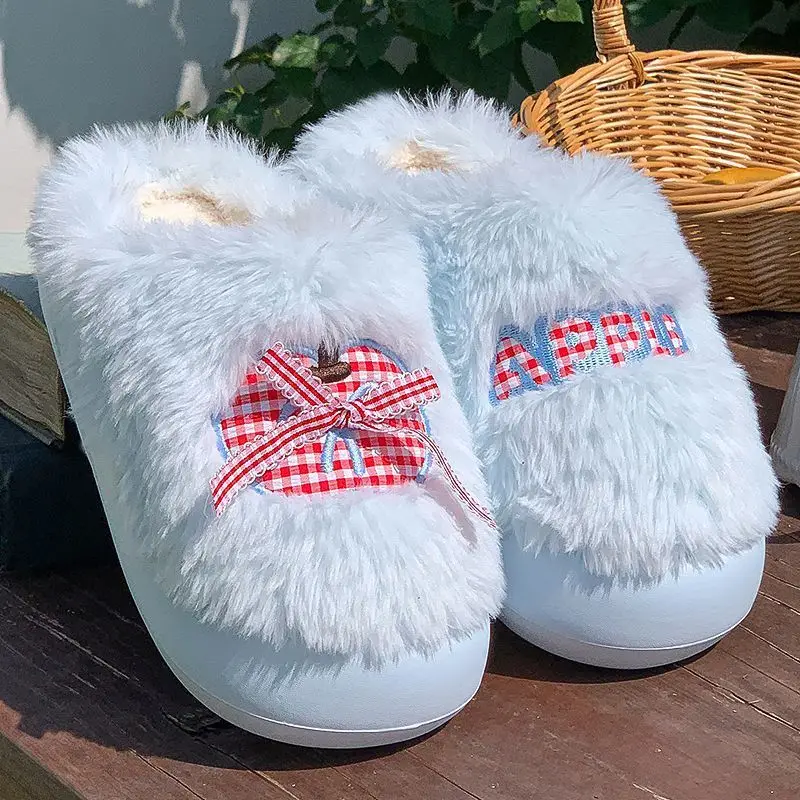 

Women's Lovely Fluffy Platform Slippers Warm Winter Cotton Indoor Slippers Comfortable Soft Non-Slip Home Slides for Females