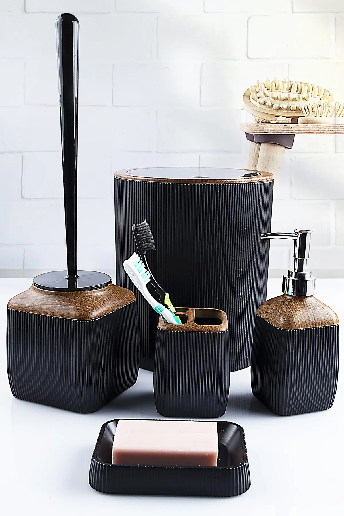 

5 Pcs Lux Black Bathroom Accessories Set Toothbrush Toilet Brush Soap Dispenser Liquid Soap Dispenser Trash Can Made in Turkey