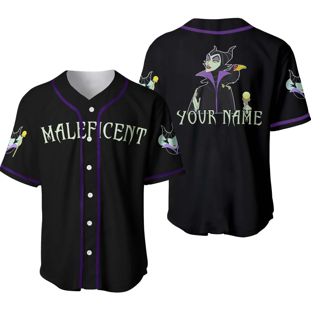 Jersey de beisebol malévola masculina e feminina, manga curta, botão para cima, nome personalizado, disney, moletom casual, top