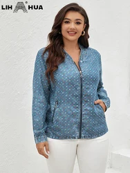 LIH HUA Mulheres Plus Size Denim Jacket Outono Chic Elegante Jaqueta Para Mulheres Chubby Algodão Tecido Jaqueta