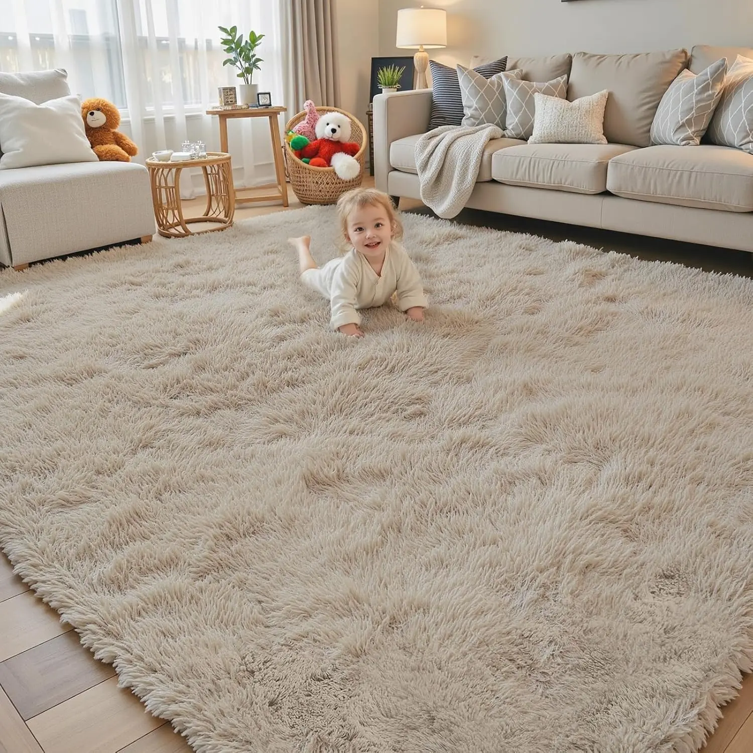 

8x10 Shaggy Area Rug for Living Room Bedroom, Soft Plush Furry Carpet Home Decor Beige