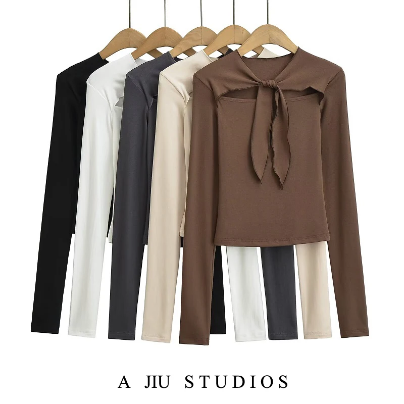 

Sexy ort Svel Hollow out Long Sve T-irt Women's Street Sle Slim Fit Base irt Spring Autumn Hot Girl Pure Desire