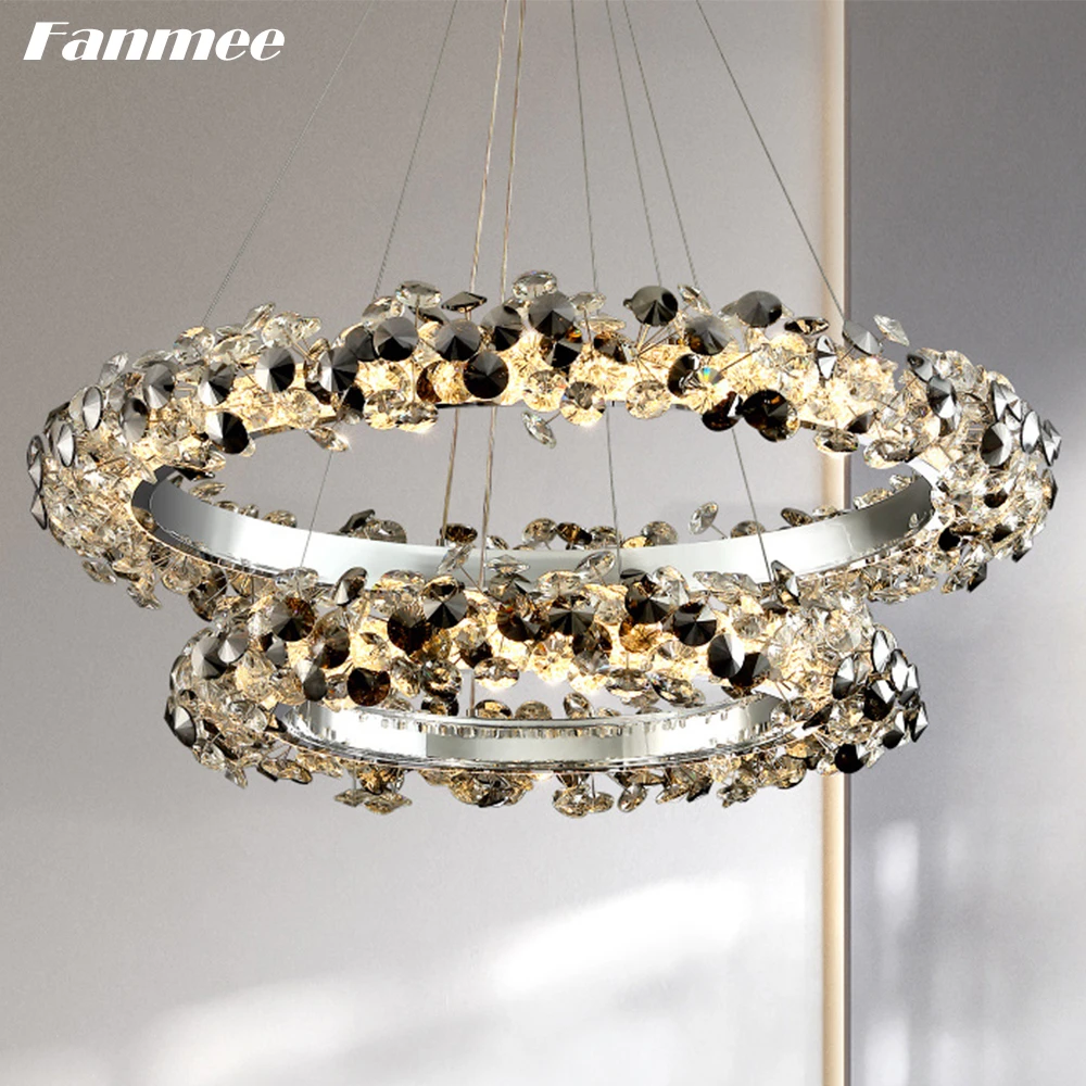 

Luxury Clear Smoke Crystal Round Chandelier Lamp LED Modern Cristal Burst Circle Lustre Lighting Fixture for Living Room Bedroom