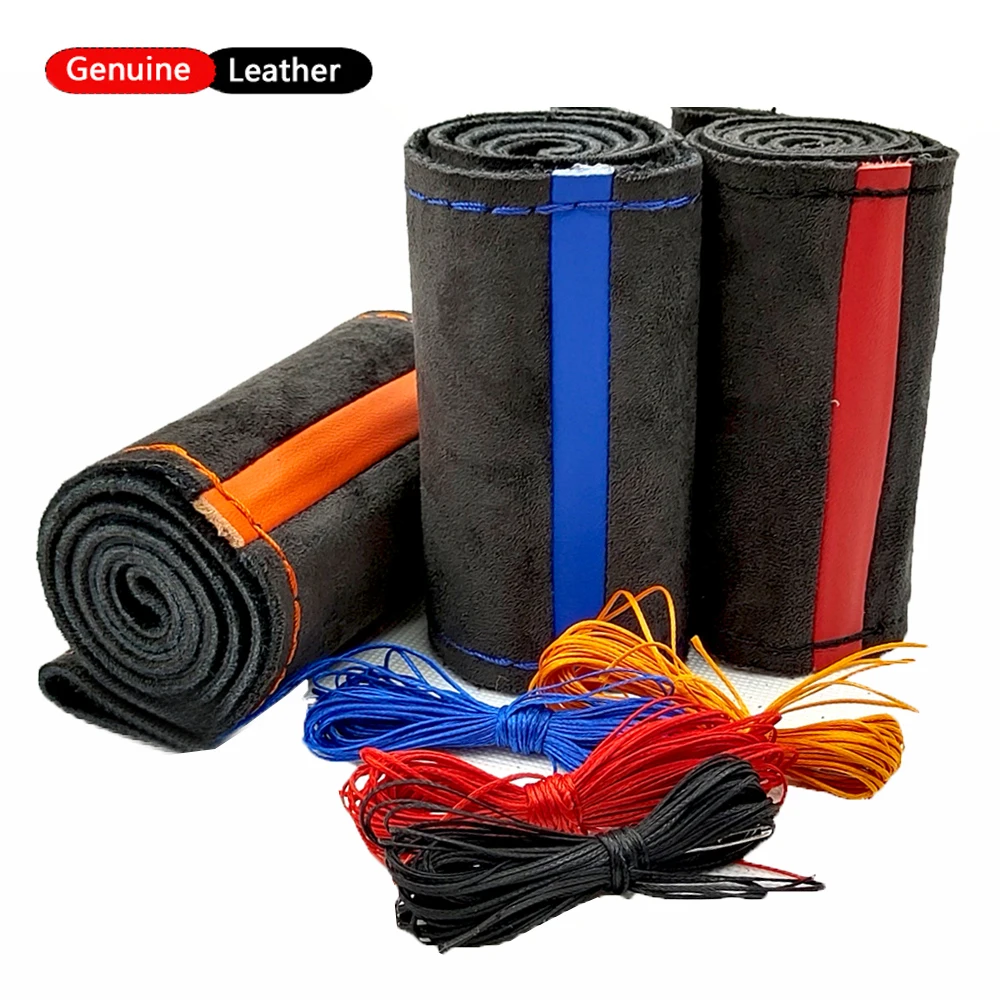 

Soft Suede Genuine Leather Braid Car Steering Wheel Cover Universal Car-styling Premium 15 inch for Interior Accessories (Blue)