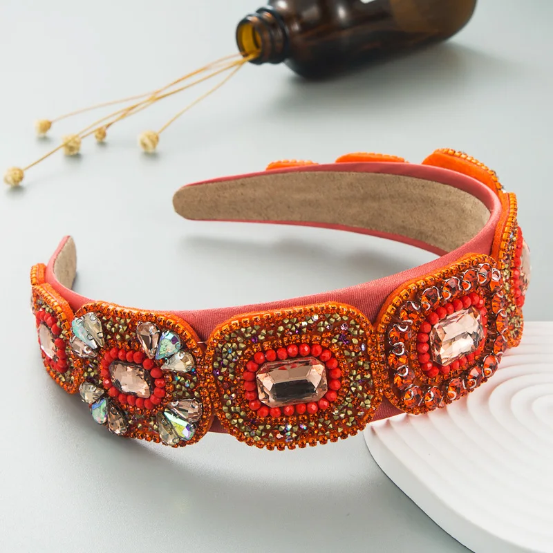 Luxury Baroque Orange Headband Hair Accessories Women Thickened Sponge Embroidery Prom Full Rhinestone Hairband Hair Hoop