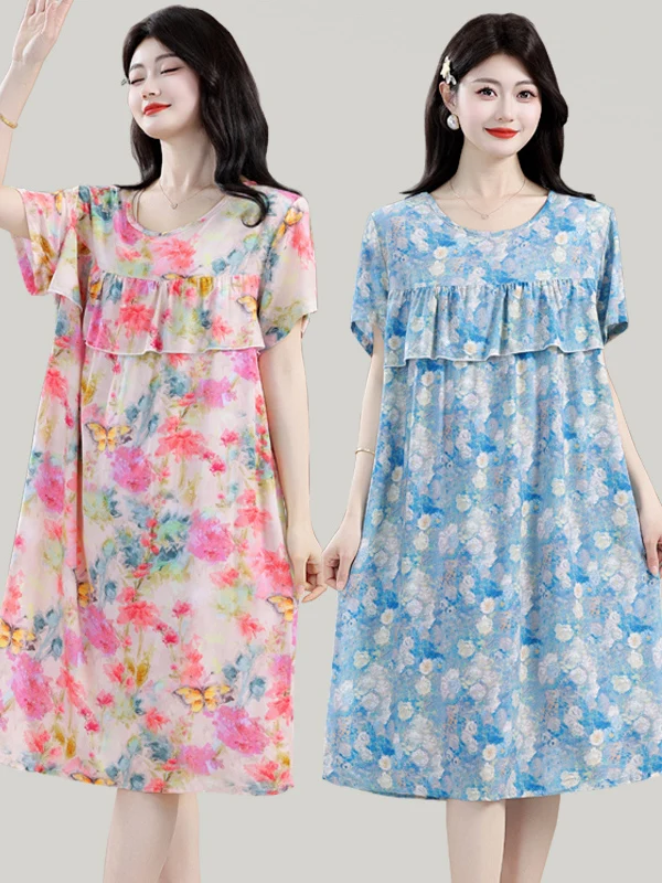 

Summer Short Sleeve Cotton Silk Sleep Dress Women's Artificial Cotton Gauze Nightgown Midi Length round Neck Single Button Cl...
